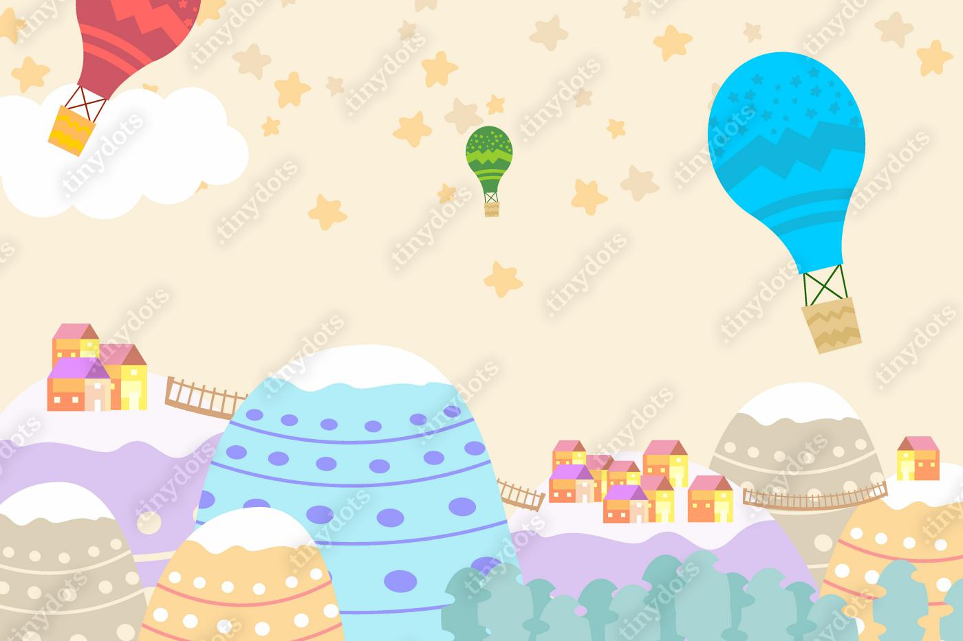 Fotobehang Grafische illustratie voor kinderen kamer behang met huis hemel vol sterren, trap, heuvel, en luchtballon. Kan voor druk op de muur, hoofdkussens, het binnenland van decoratiejonge geitjes, babydraag, t-shirt, en kaart gebruiken