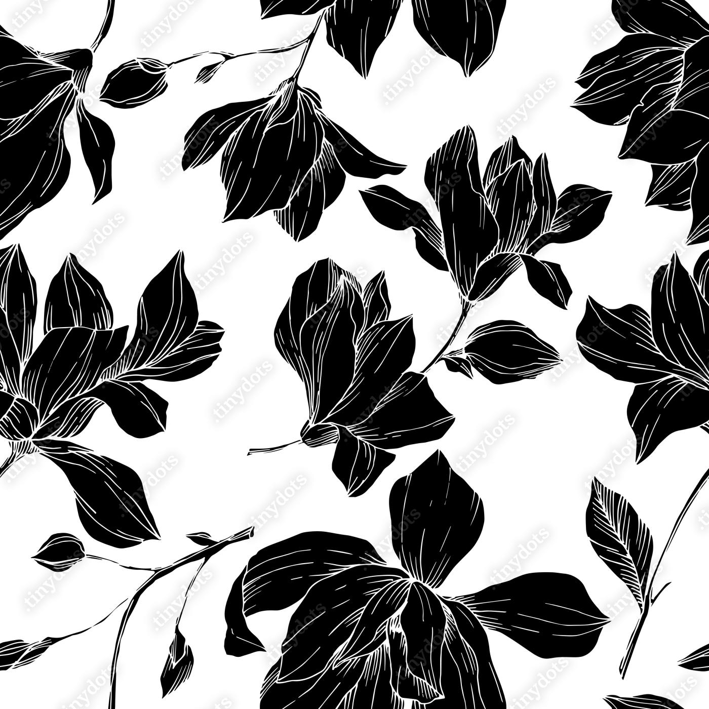 Fotobehang Vector Magnolia bloemen botanische bloemen. Zwart-witte gegraveerde inktkunst. Naadloos achtergrondpatroon.