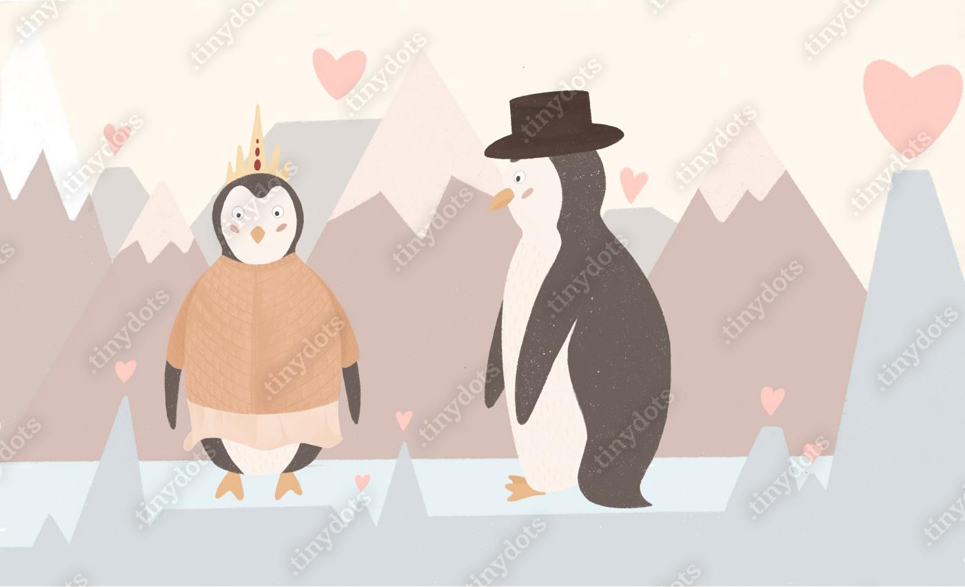 Fotobehang Kinderillustratie van schattige pinguïns in de liefde. Het symbool van Valentijnsdag