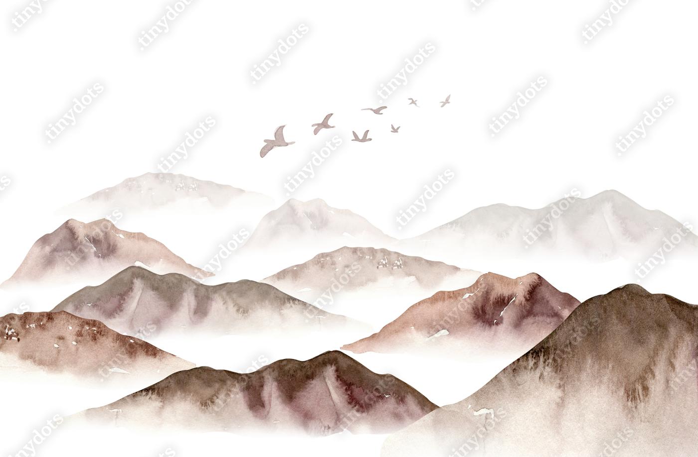 Sticker Waterverf mistige bergen landschap, mist bomen, hemel illustratie. De achtergrond van de winter