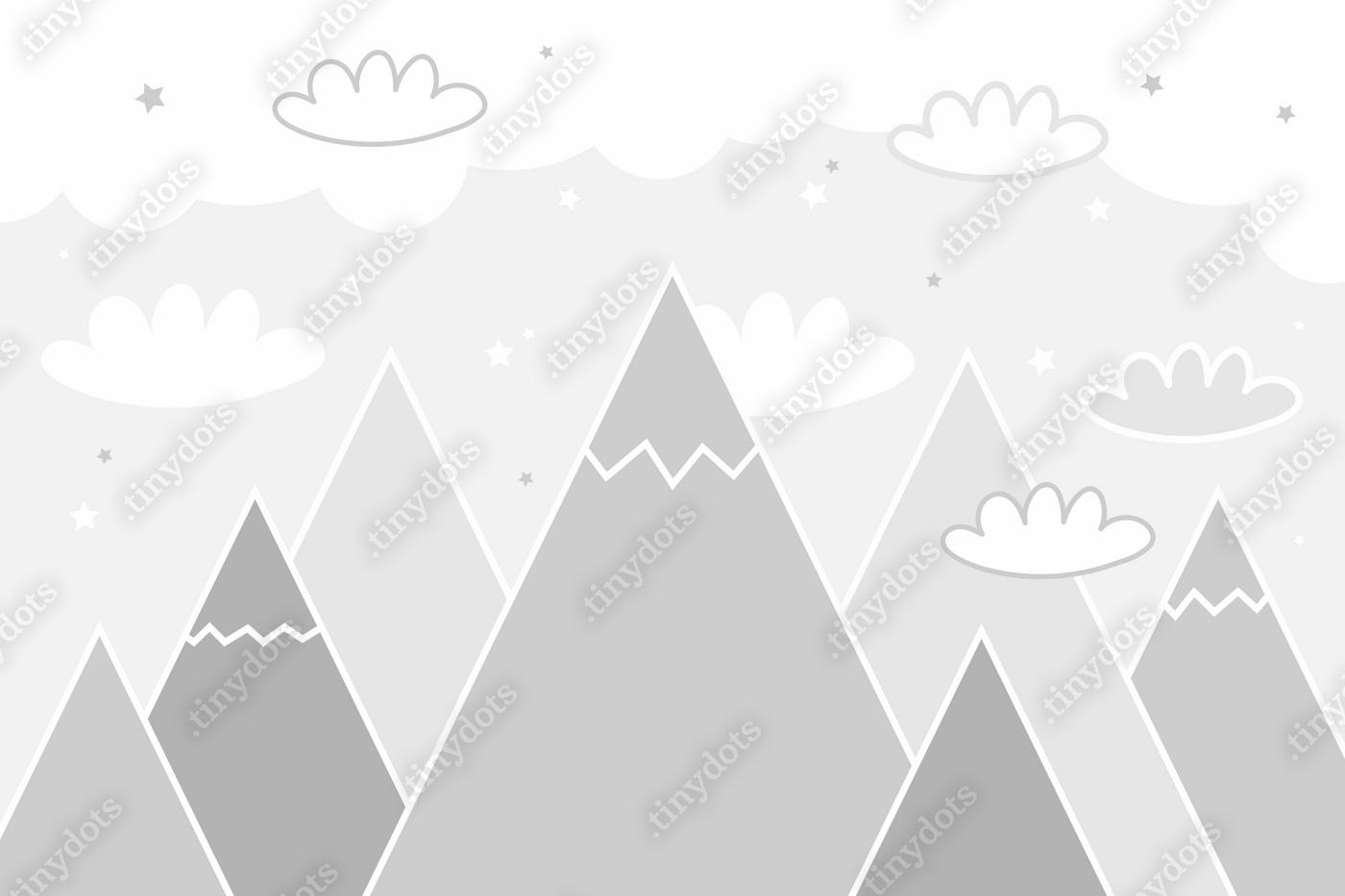 Fotobehang Vector kleur kinderen hand getrokken doodle berg illustratie in scandinavische stijl. Berglandschap, wolken. Het behang van kinderen. Berglandschap, het ontwerp van de kinderkamer, muurdecoratie. Muurschildering.