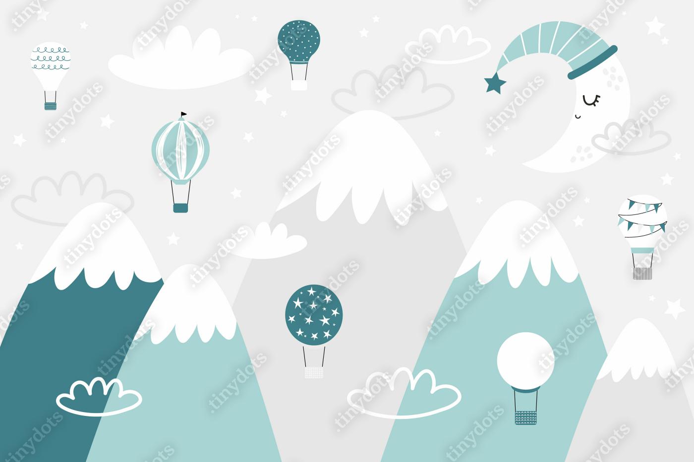 Fotobehang Vector kinderen hand getrokken doodle berg illustratie in scandinavische stijl. Berglandschap, wolken, luchtballonnen en leuke maan. Kinderen behang. Berglandschap, babykamerontwerp, muurdecoratie.